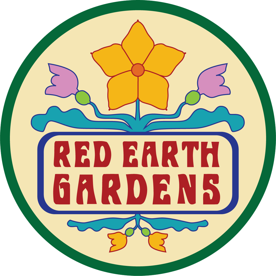 Colorful logo of Red Earth Gardens featuring a yellow flower and decorative elements, representing a vibrant gardening brand focused on nature and sustainability.